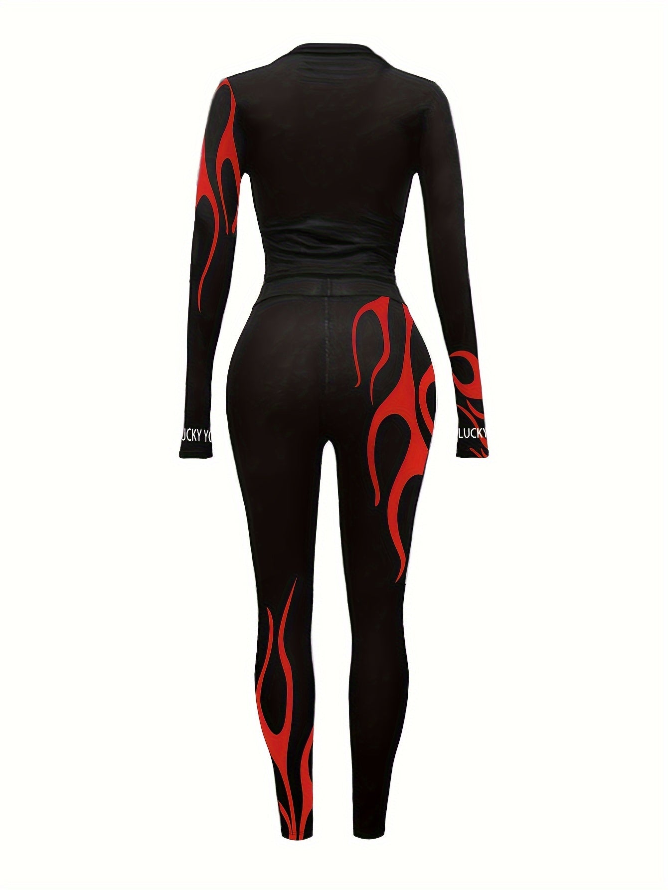 Flame Print Casual Two-piece Set, Crew Neck Long Sleeve Top & Pants Outfits, Women's Clothing