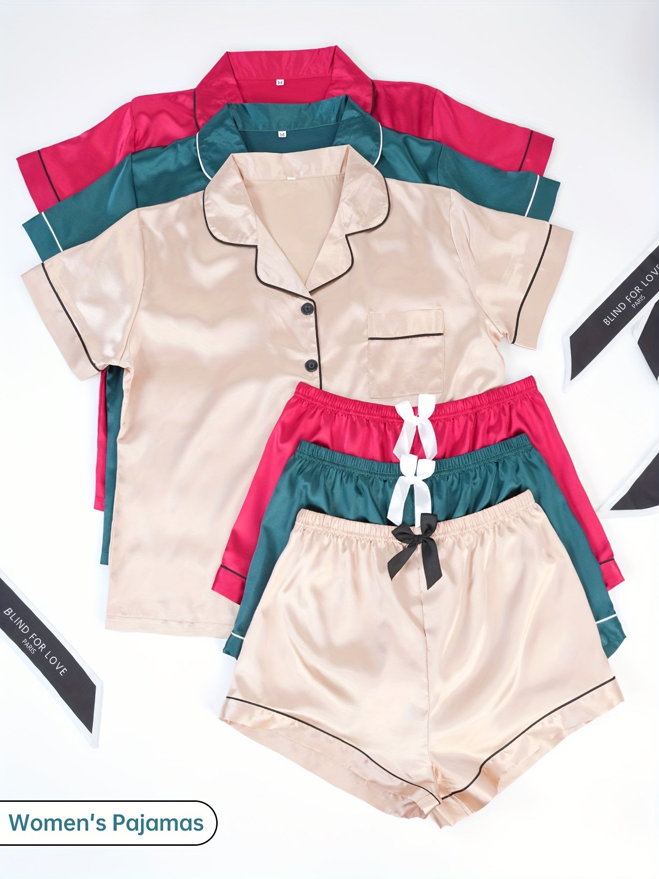 3-Piece Women's Satin Pajama Sets – Short Sleeve Lapel Top & Elastic Waist Shorts, Soft Loungewear Sleepwear Set