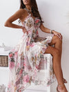 Elegant Floral Printed Chiffon A-Line Dress, V-Neck, Polyester 100%, 120g/m², Cross Weave, with Pleated Skirt, for Women, Spring/Summer/Fall