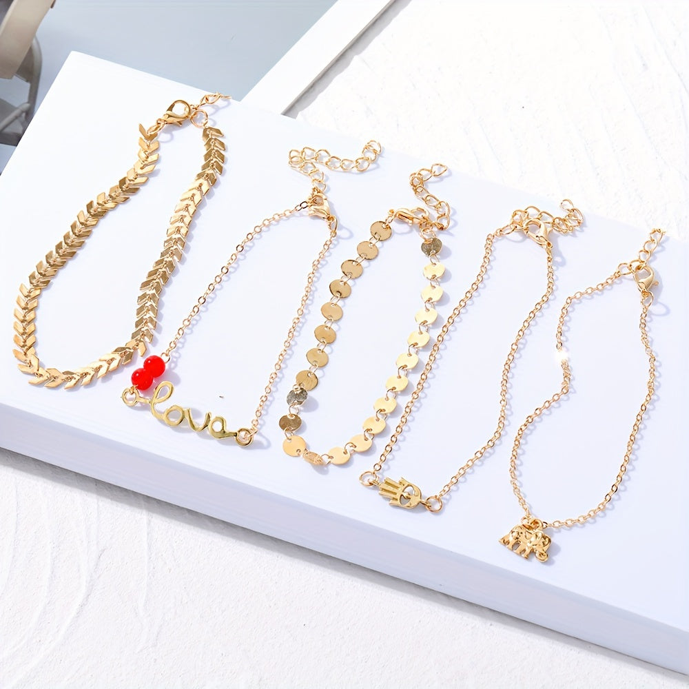 38pcs Bohemian Retro Anklets, Mixed Layered Chain With Star And Heart Pendants, Vintage Cuban Link Beach Vacation Jewelry, Multi-Layered Stackable Foot Chains For Women