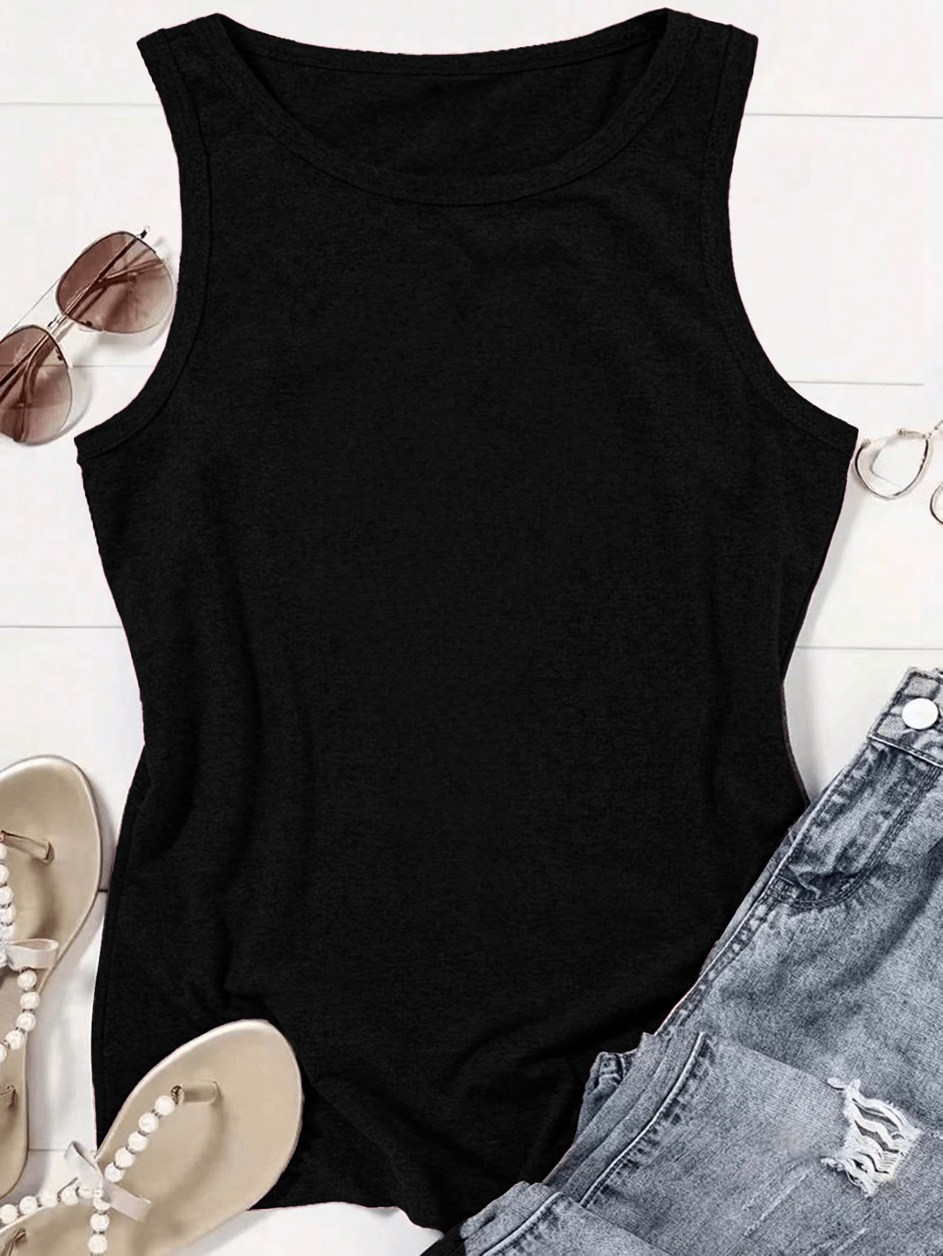 Western Style Denim Printed 160G Women'S Casual Round Neck Vest, Spring And Summer Women'S Vest, Simple Design, Machine Washable, Surprise Gift for Valentine'S Day, New Year And Other Holiday Atmospheres