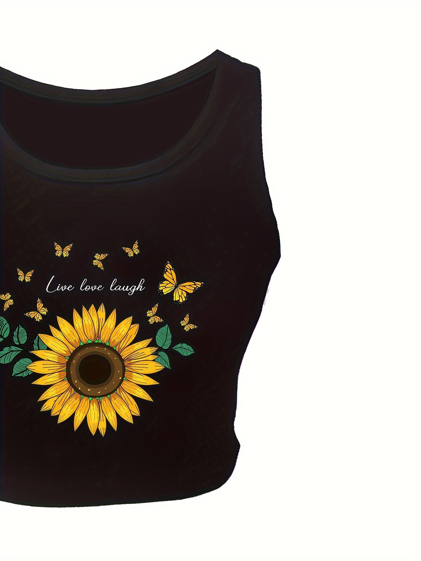 Women's High-Elasticity Sunflower & Butterfly Print Sleeveless Crop Tank Top - "Live Love Laugh" Design, Casual Yoga & Activewear, Polyester, Black, Ladies Tank Tops