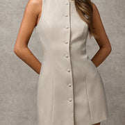 Women'S Chic Sleeveless Beige Commuter Dress with Button Detail - Bodycon, Summer Style, Perfect for Adult, Casual Dressing | Sleeveless Fashion | Buttoned Detail