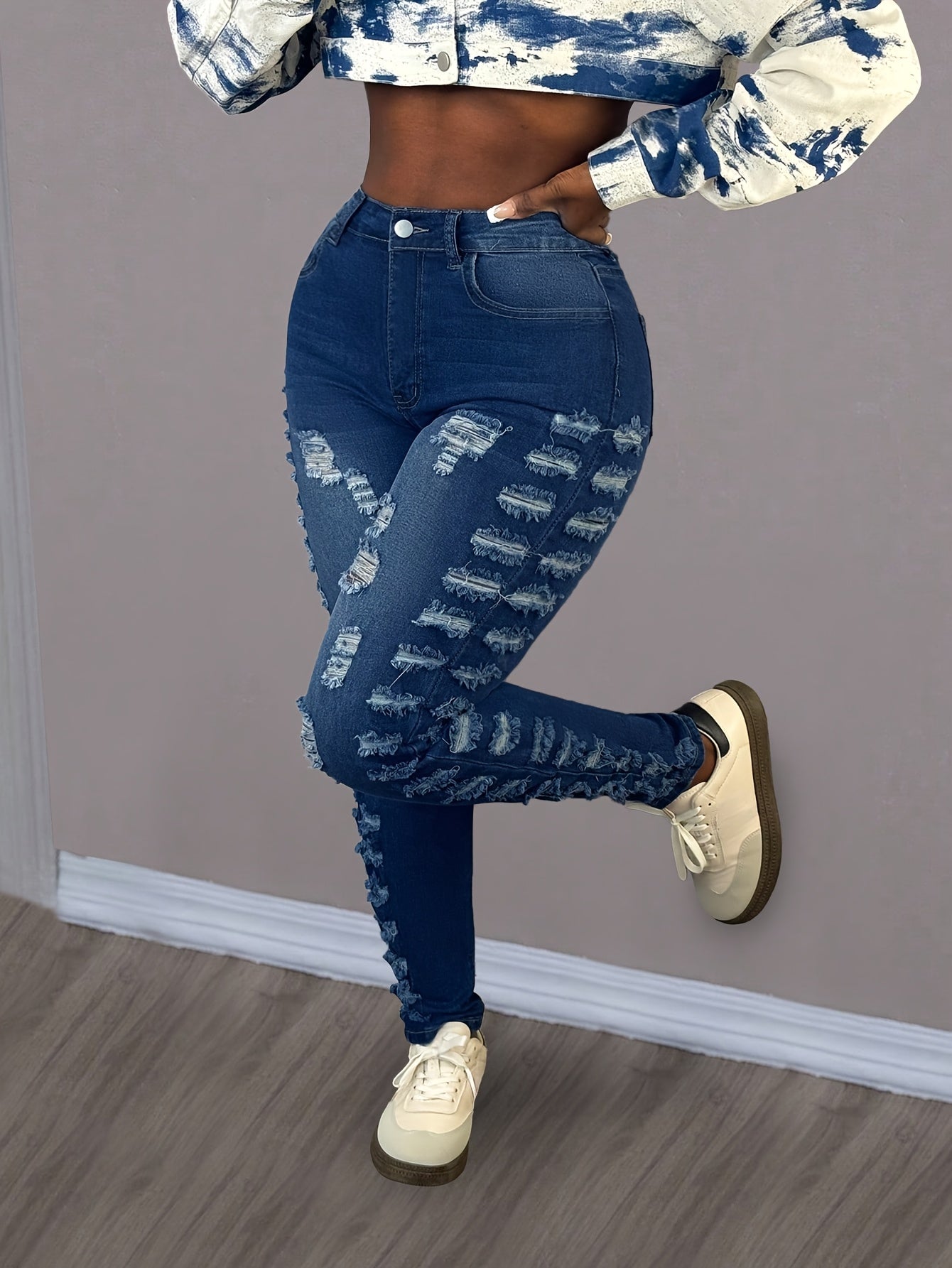 Women's Mid-Rise Ripped Skinny Jeans with Slanted Pockets - Stretch Denim, Distressed Blue Design, Fashionable for Casual Attire, Parties, and Music Festivals, Festival Clothing | Highquality Denim