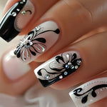 24pcs Elegant Black & White Floral Stripe Press-On Nails Set with Sparkling Rhinestones - Glossy Finish, Square Shape, Medium Length - Includes Jelly Glue & Nail File, Ideal for Fashion-Forward Women and Girls, Nail Art Charm