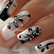 24pcs Elegant Black & White Floral Stripe Press-On Nails Set with Sparkling Rhinestones - Glossy Finish, Square Shape, Medium Length - Includes Jelly Glue & Nail File, Ideal for Fashion-Forward Women and Girls, Nail Art Charm