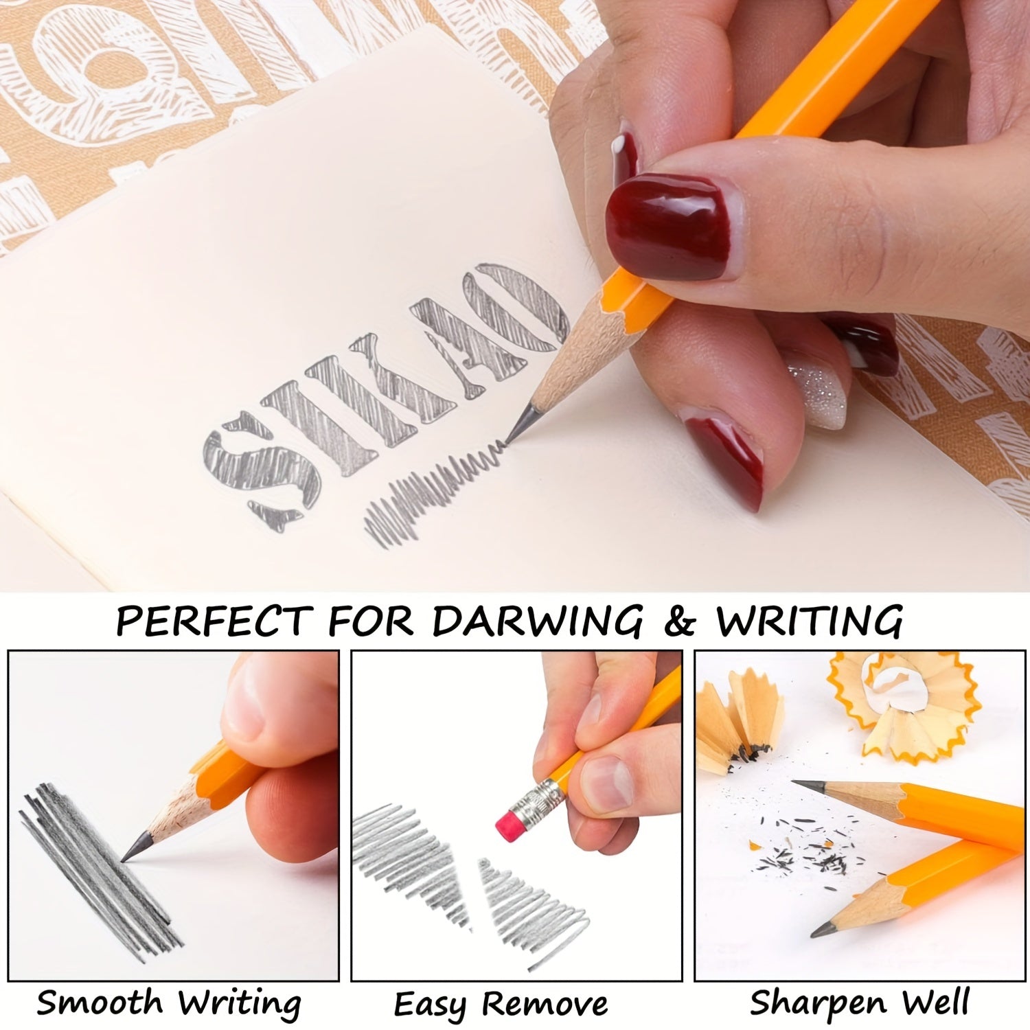HB Hexagon Wooden Pencils With Red Color Eraser, 12pcs/24pcs Pencils With Eraser Head, HB Pencils For Writing, Drawing And Sketching, Yellow Wooden Pencils For Office