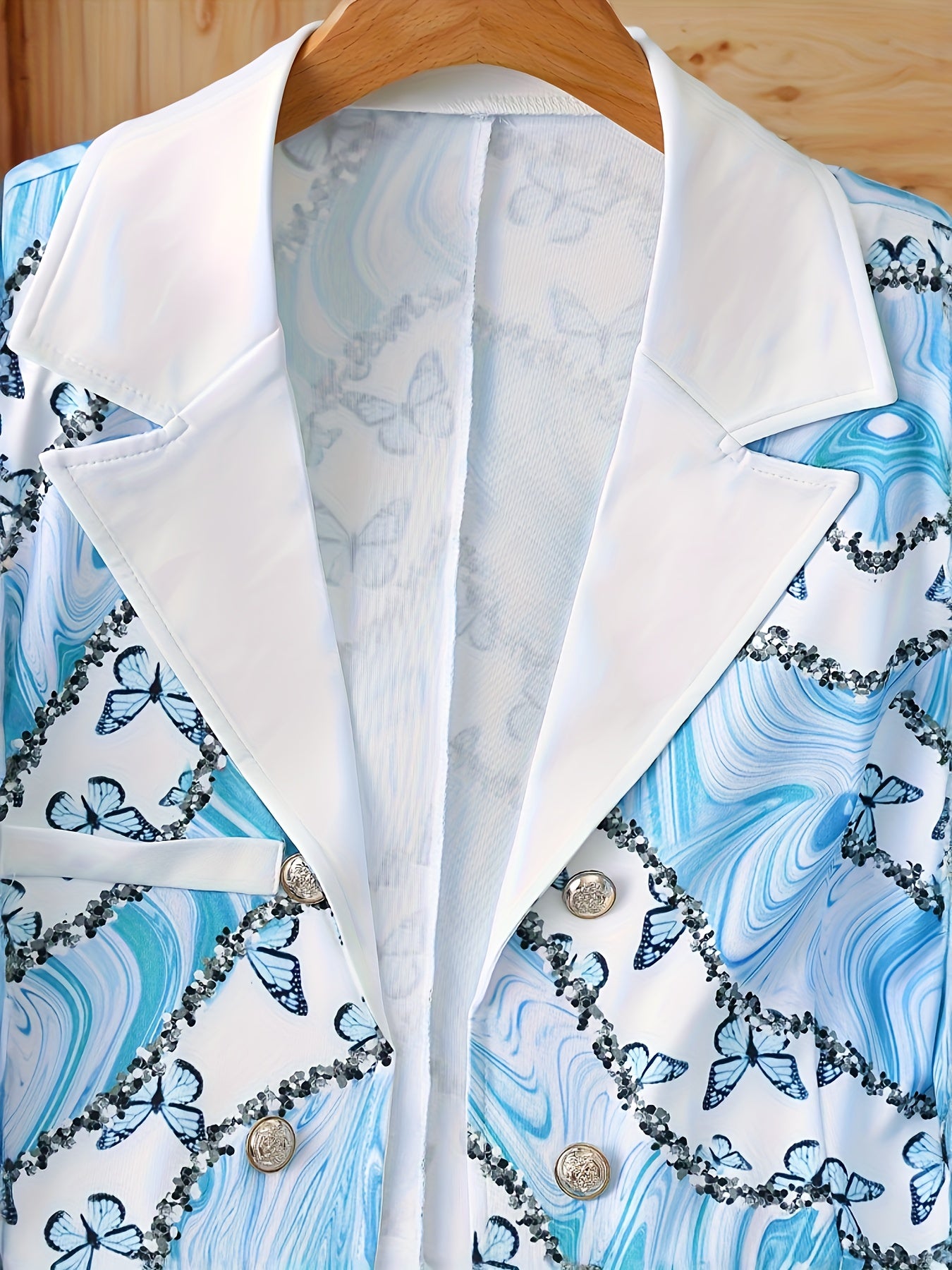 [Two-piece Butterfly Print Blazer Set] Elegant Two-piece Set, Butterfly Print Long Sleeve Lapel Neck Double-breasted Blazer & Solid Skinny Pants Outfits, Women's Clothing