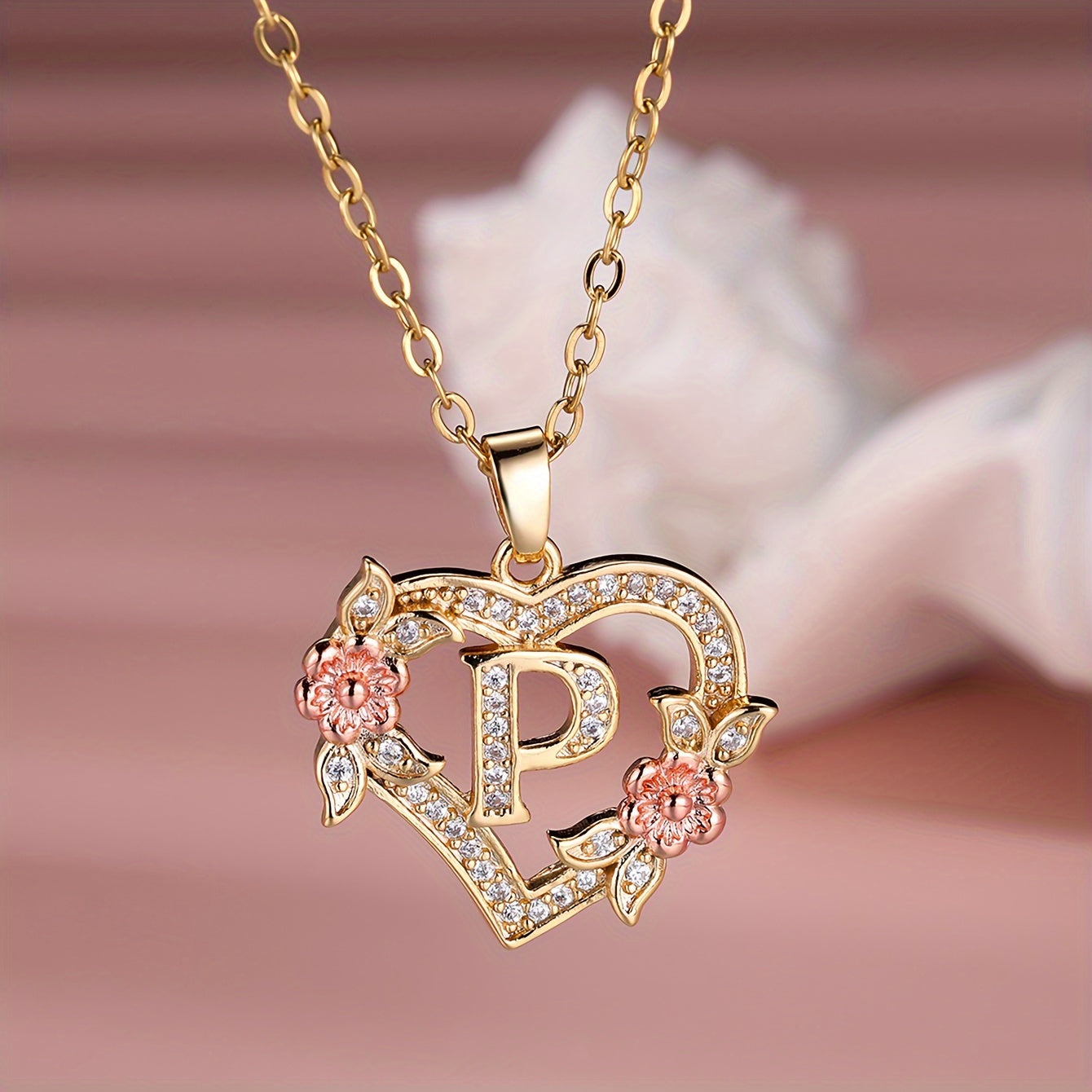 1pc A-Z Letter Love Heart Necklace Elegant zirconia Rose Golden Necklace Valentine'S Day Gift Trendy Jewelry For Women