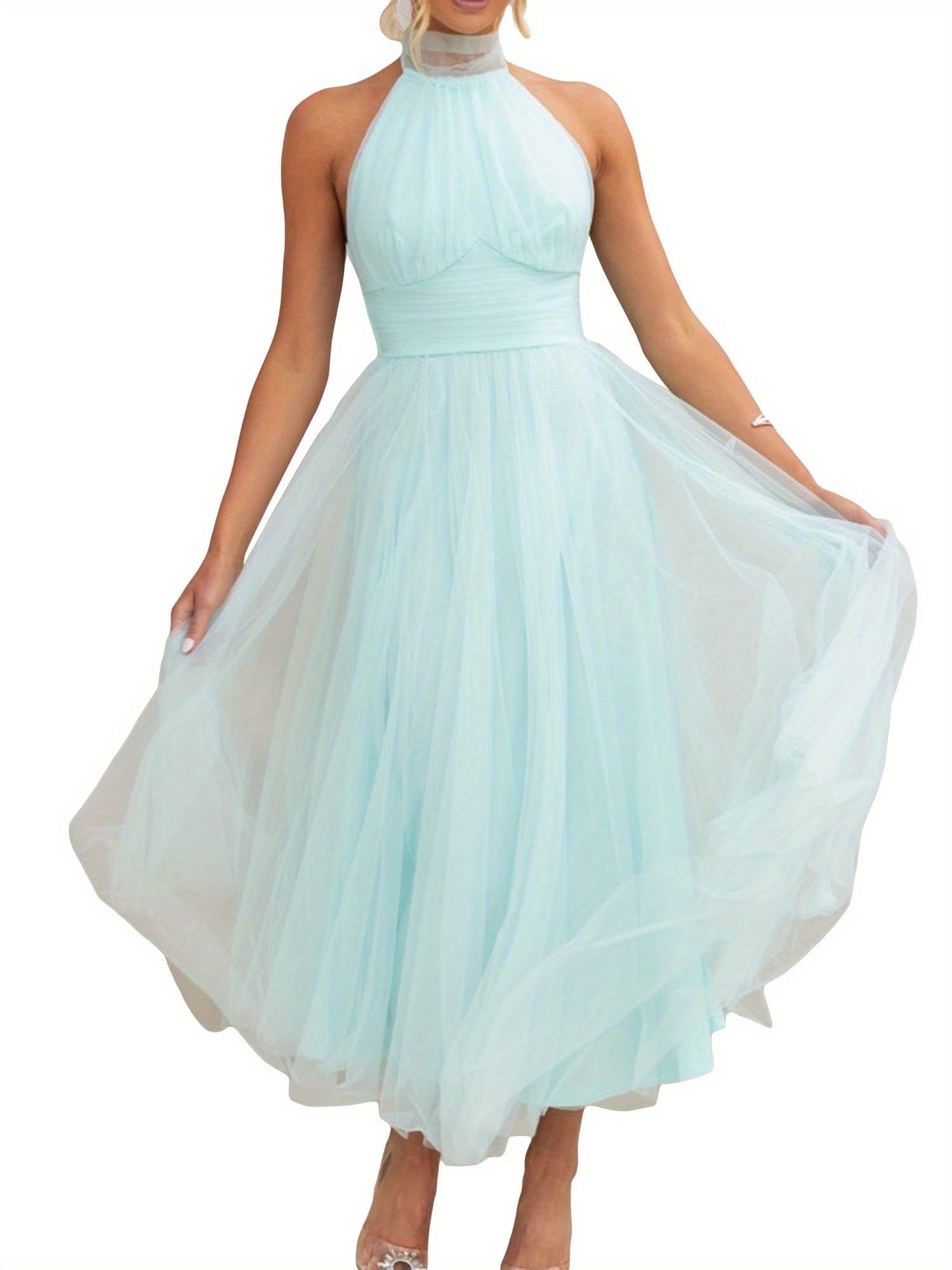 Womens Backless Long Dress Adjustable Tie Halter Neck Tulle High Waist Solid Party Wedding Dress