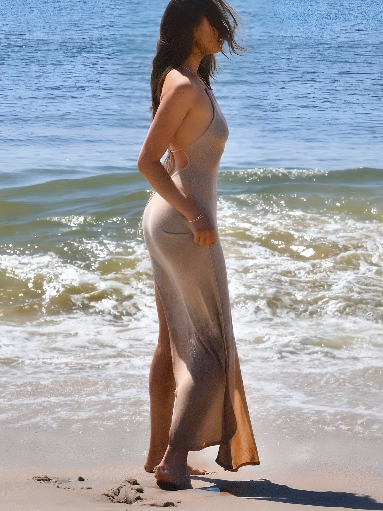 Women's Elegant Resort Wear Cover Up Dress - Hollow Out, Knitted, Backless, Crisscross Strap, Tie Back, Side Split, Swimwear and Clothing