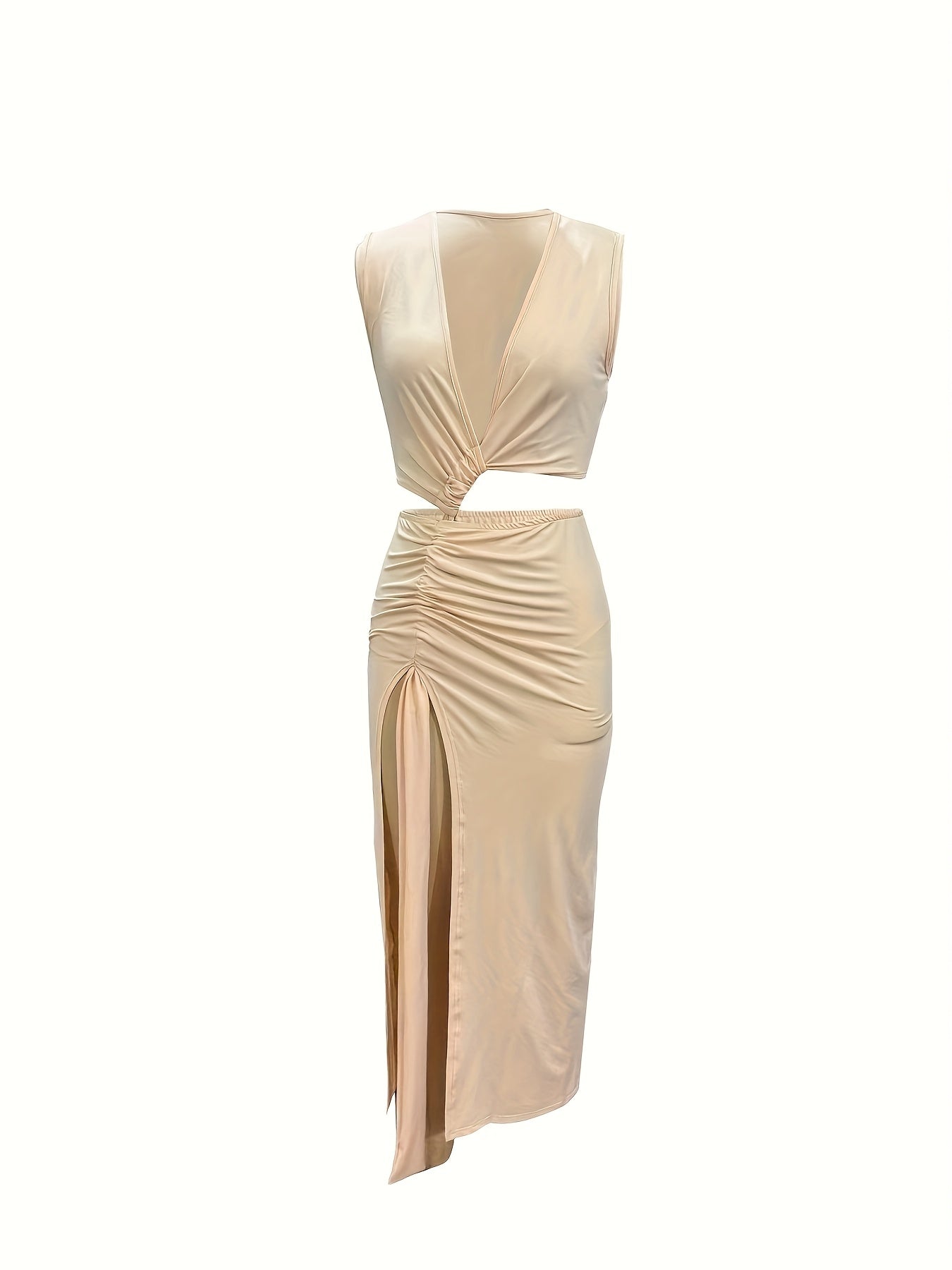 Sexy V-Neck Sleeveless Dress for Women - Chic Solid Color, Asymmetrical Hem, Cut-Out Detail, Perfect for Spring/Summer/Fall, Polyester 95.0% Spandex 5.0%, Fashion Statement| Asymmetrical Hem| Polyester Blend