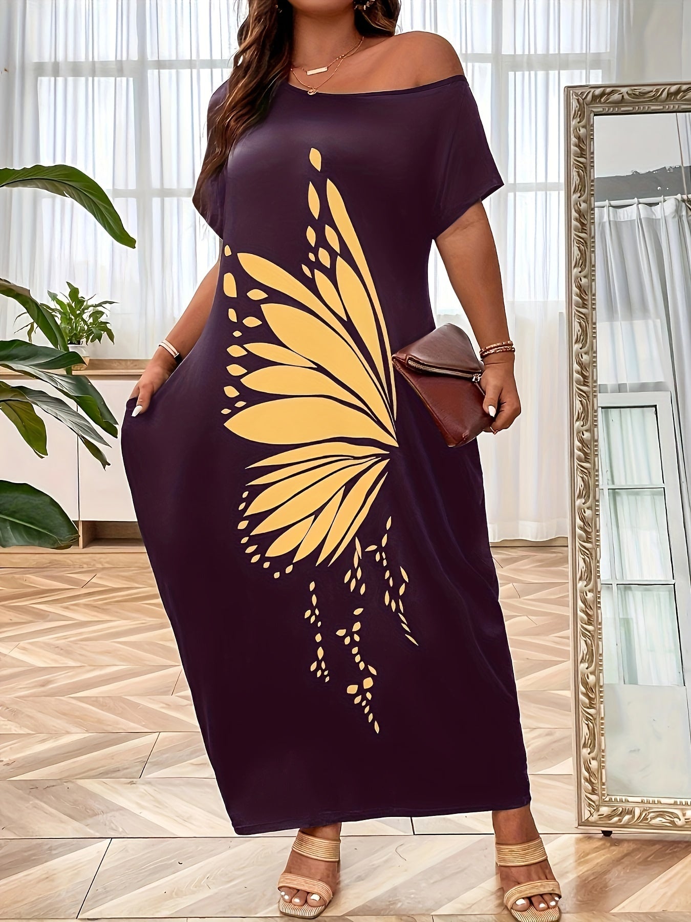 Chic Off-Shoulder Butterfly Print Maxi Dress for Women - Casual & Elegant, 100% Polyester, Machine Washable, Summer-Ready with Short Sleeves & Pockets