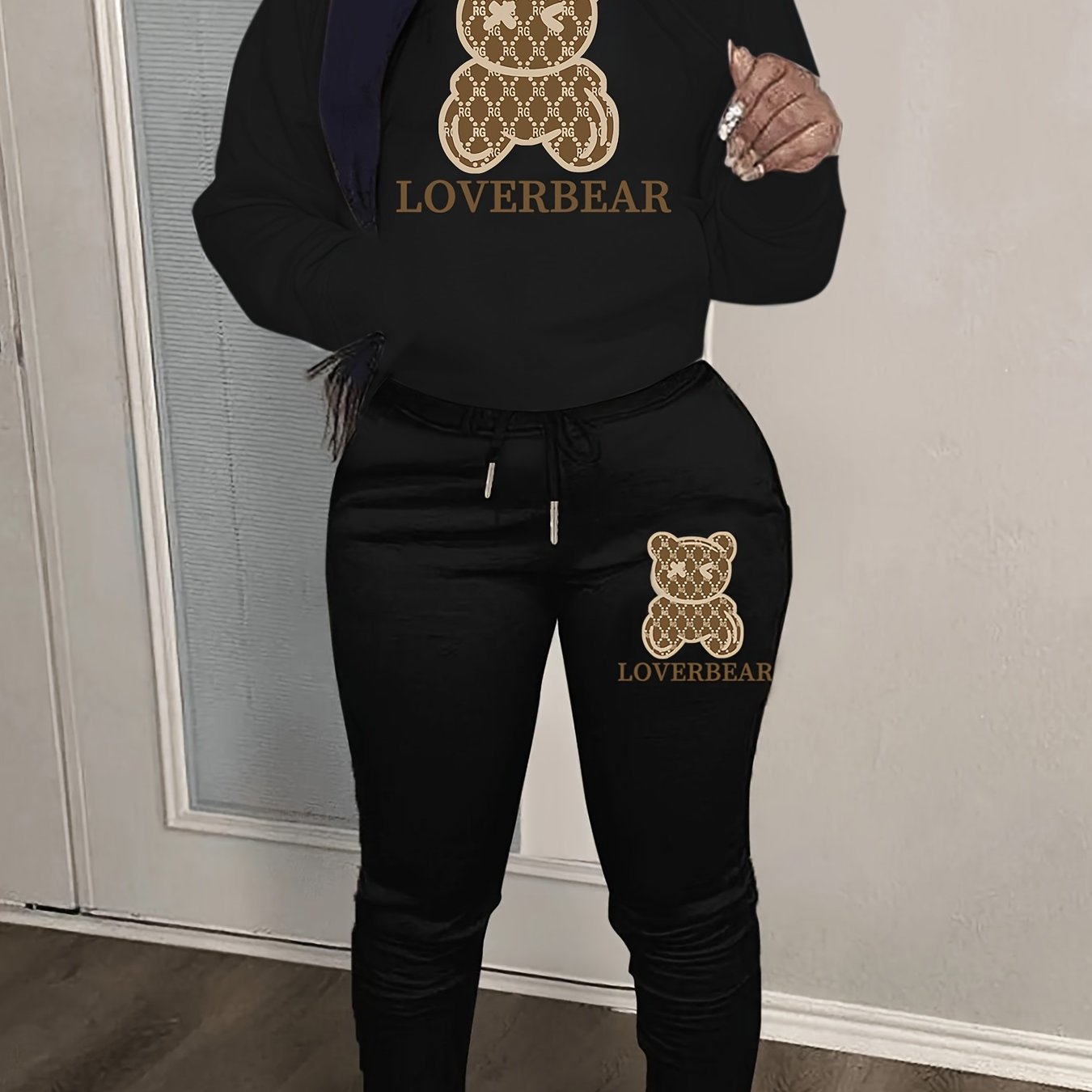Cartoon Bear Print Two-piece Set, Drawstring Long Sleeve Hoodies & Workout Jogger Pants Outfits, Women's Clothing