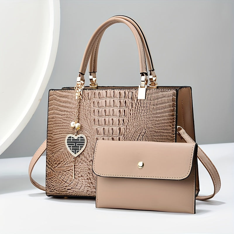 Women's Casual Large Capacity Handbag - Crocodile Pattern PU Purse with Removable Strap | Zipper Closure | Polyester Lining
