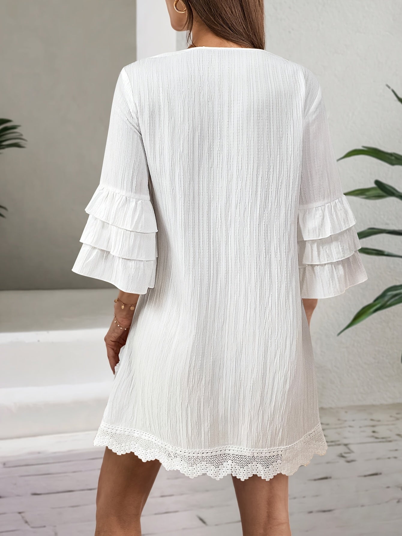 Women'S Fashion Embroidered Notched V-Neck Dress with Colorful Pom-Pom Detail, Ruffle Three Quarter Sleeves, Tassel Trim, Polyester 100%, Regular Fit, Woven Fabric, 120g/m², Spring/Summer/Fall A-Line Dress