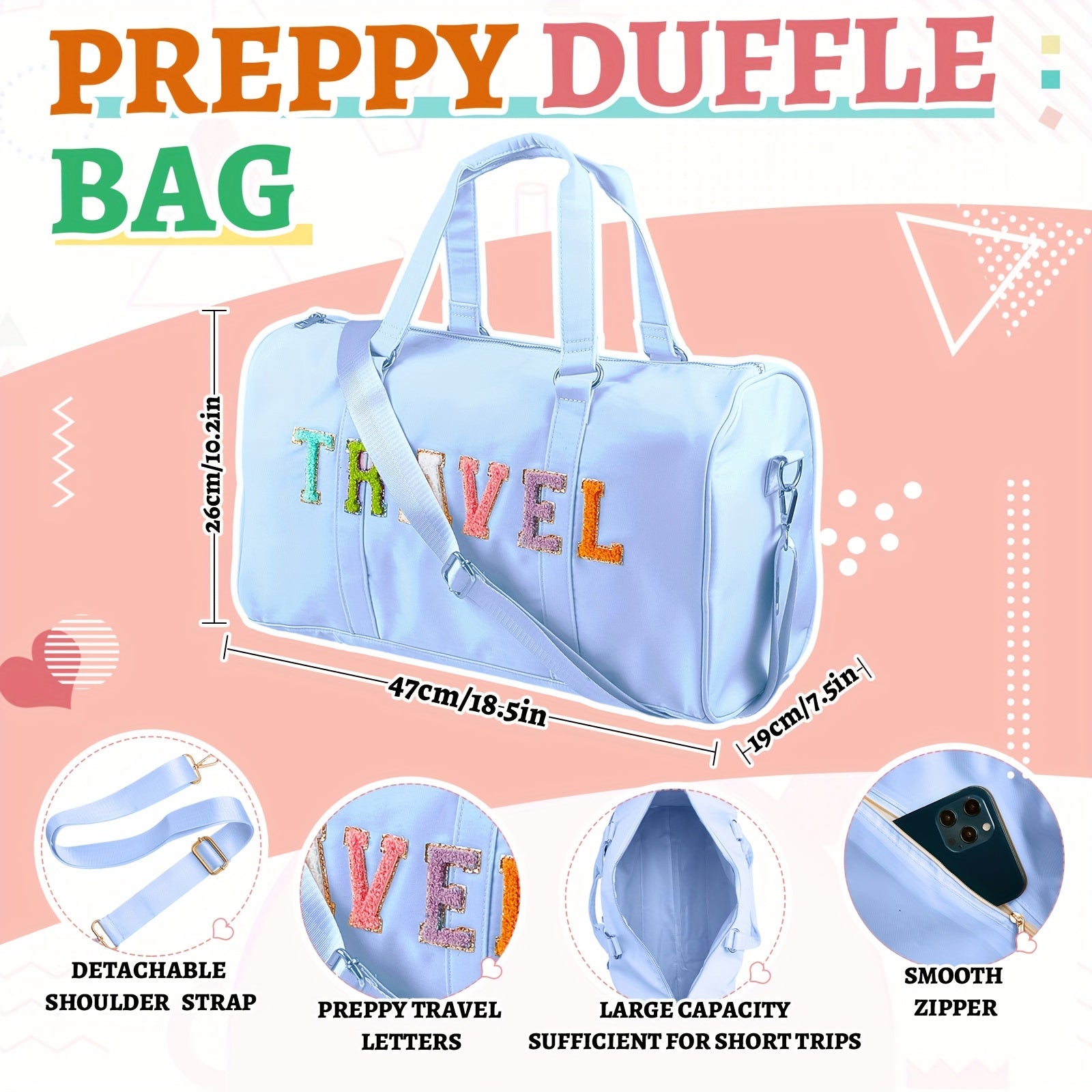 Shinylin 2pcs Preppy Chenille Letter Duffle Bag And Makeup Pouch, Travel Tote Bag Cosmetic Zipper Patch Makeup Bag (Blue)