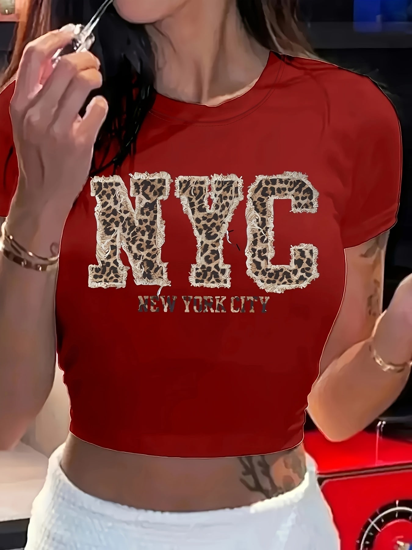 Women'S Casual Leopard Print NYC Graphic Crop Top T-Shirt - Crew Neck, Short Sleeve, Spring/Summer Fashion, Black with Golden Lettering, Leopard Print Shirt