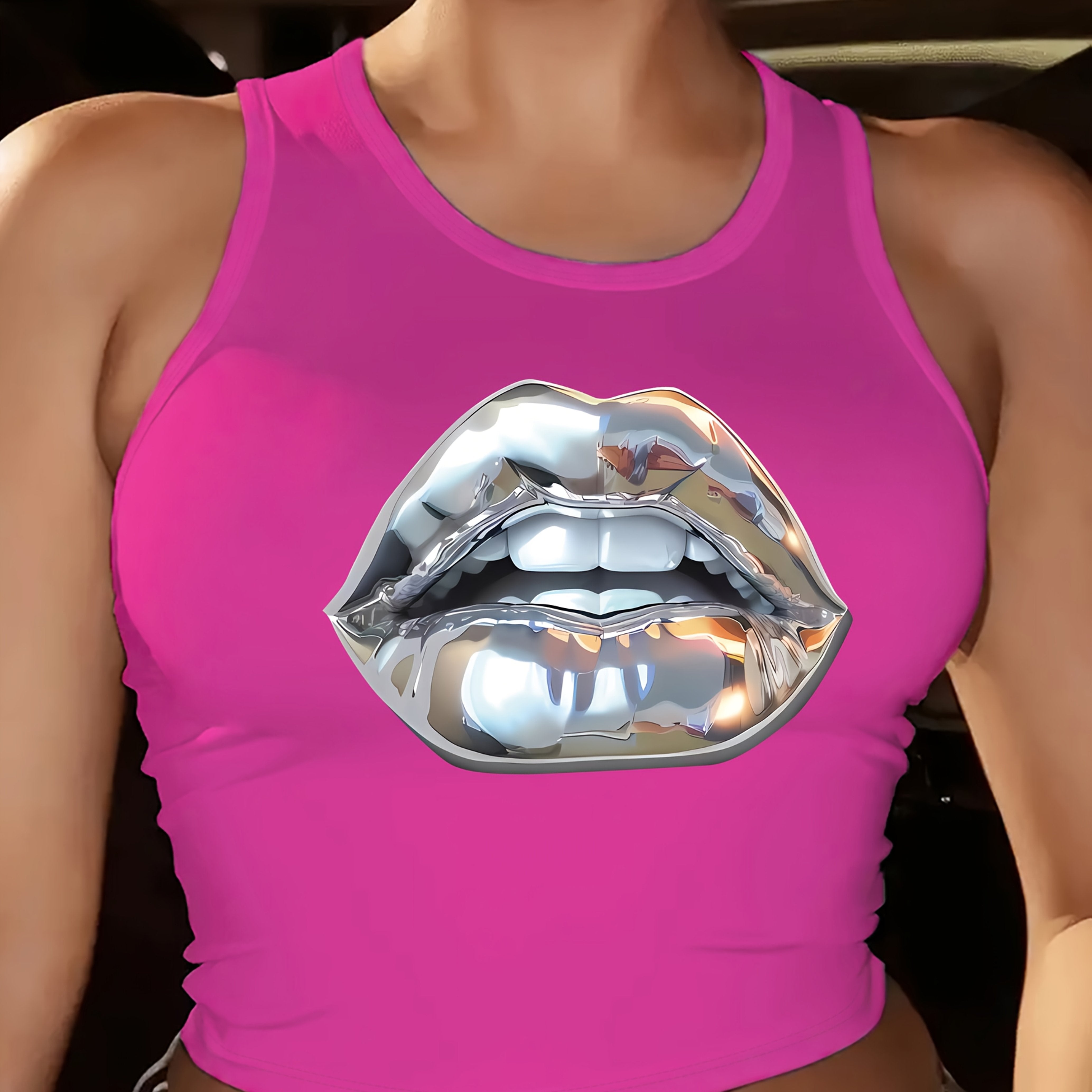 [Casual Fashion Crew Neck Vest] Lip Pattern Vest, Sleeveless Casual Fashion Crew Neck Vest, Spring/ Summer Women's Top