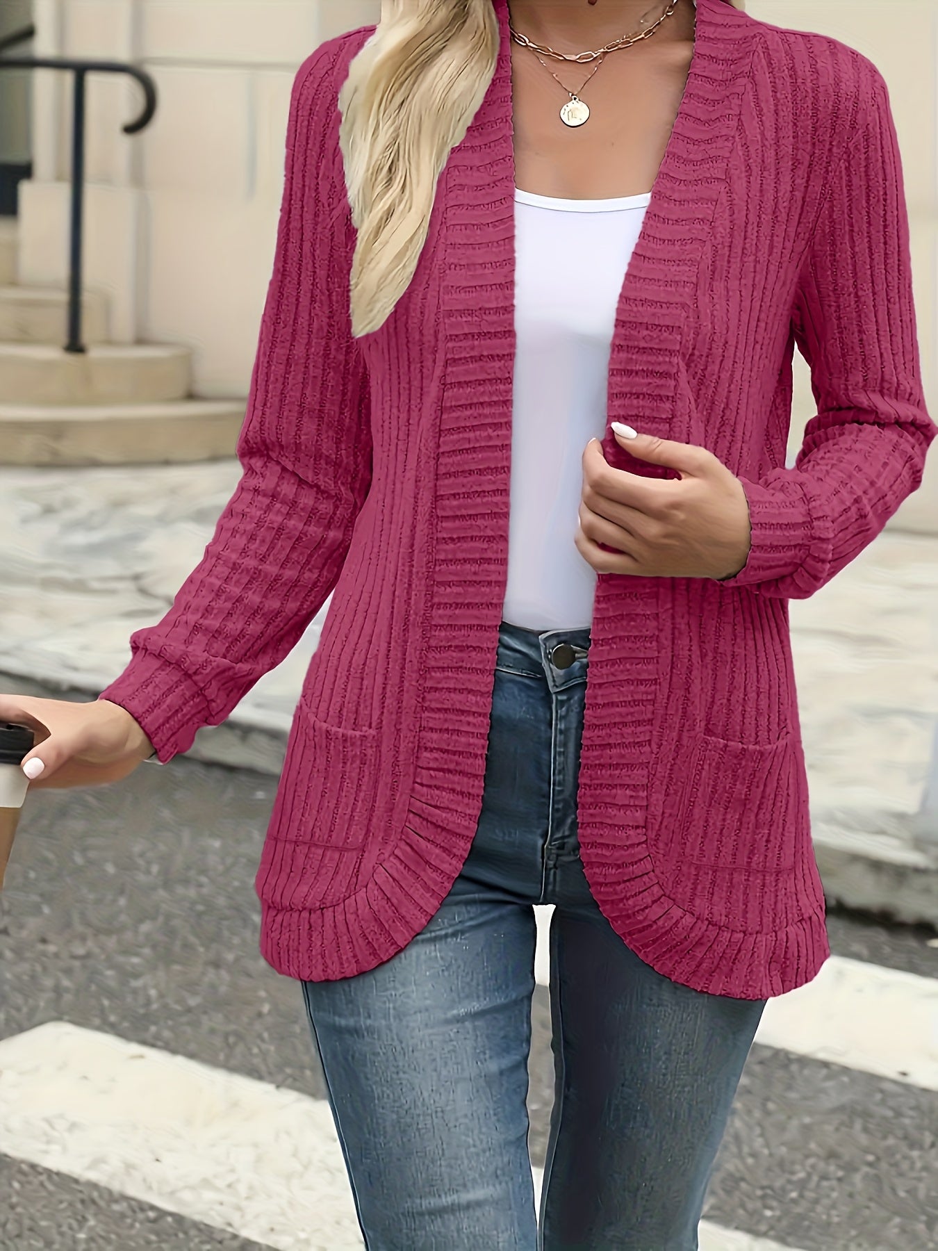 Elegant Women's Front-Button Cardigan - Medium Stretch Long Sleeve with Pleated Detail, Solid Green Machine-Washable Fall Winter Jacket, Regular Fit for Casual & Formal Outfits, Lightweight Cardigan, Winter Apparel, Open Fron