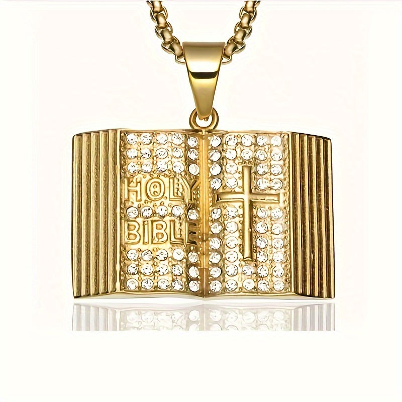 1 Men'S Fashion Pendant Necklace, Cross Bible Religious Pendant Inset Zirconia Necklace, Punk Unisex Hip Hop Jewelry
