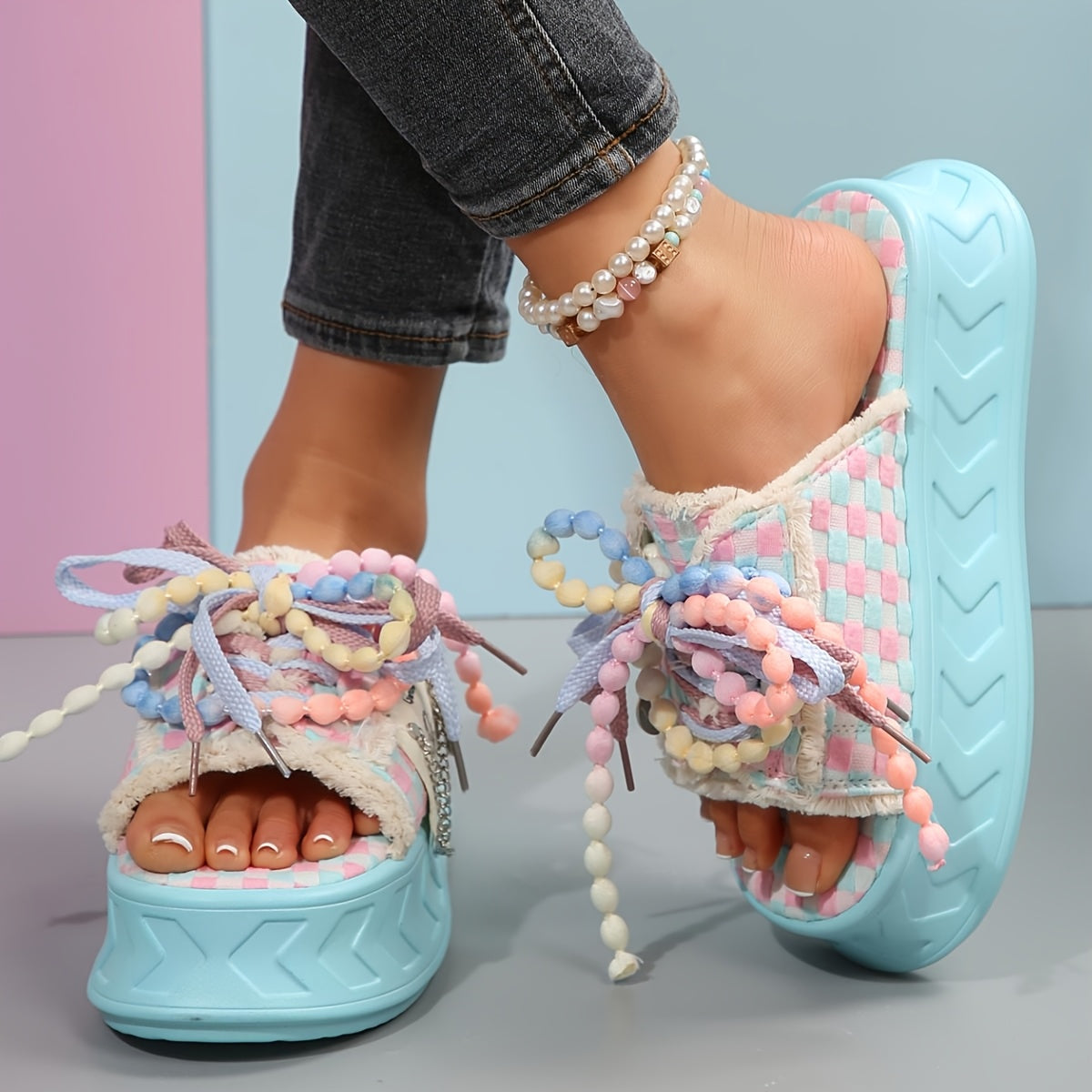 Women's Stylish Light Blue Platform Sandals with & Bow Accents - Thick Sole, Open Toe, Fabric Upper, Summer Fashion Shoes for Casual or Outdoor Wear, Versatile Slippers | Trendy Platform Sandals | Fabric Upper Sandals, Ladies