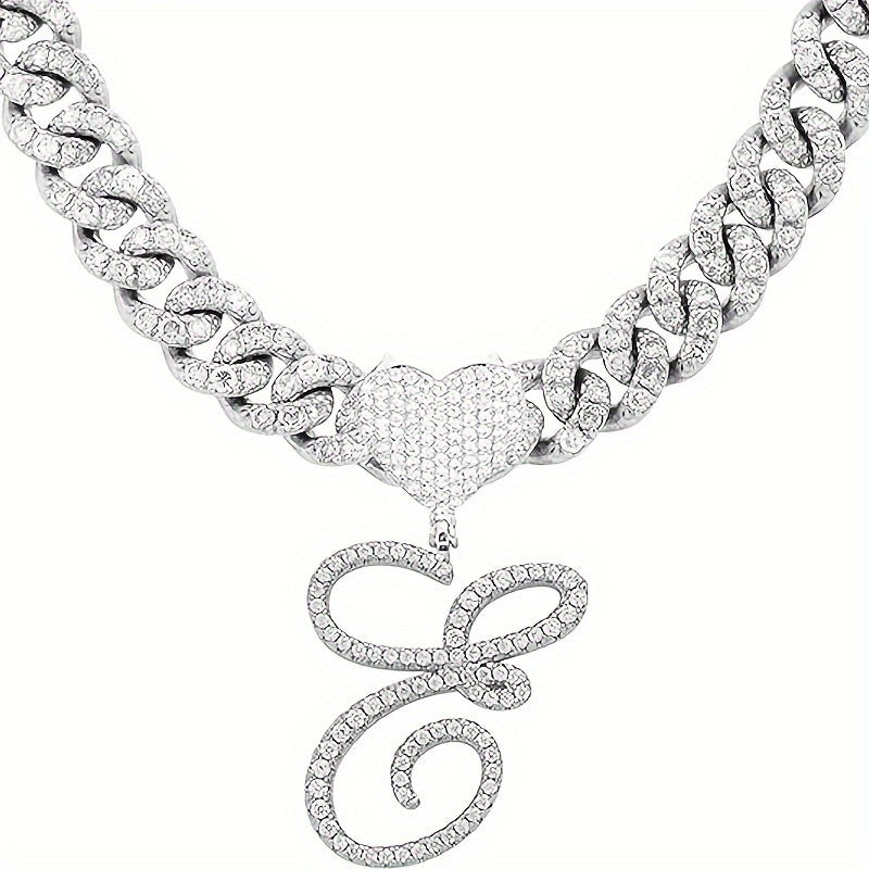 Silvery Cuban Link Necklace - Heart-shaped Alphabet Pendant on Ice Chain - Unisex Hip-hop Jewelry Gift