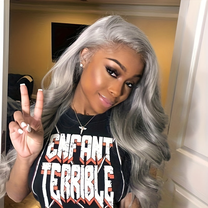 Grey Body Wave Lace Front Wigs Human Haire Pr Plucked Grey Human Hair 13x4 Front Wigs Glueless Silvery Lace Front Wigs for Women 200% Density for Daily Wear Party Women Pre Plucked with Baby Hair Bleached Knots Glueless Wig