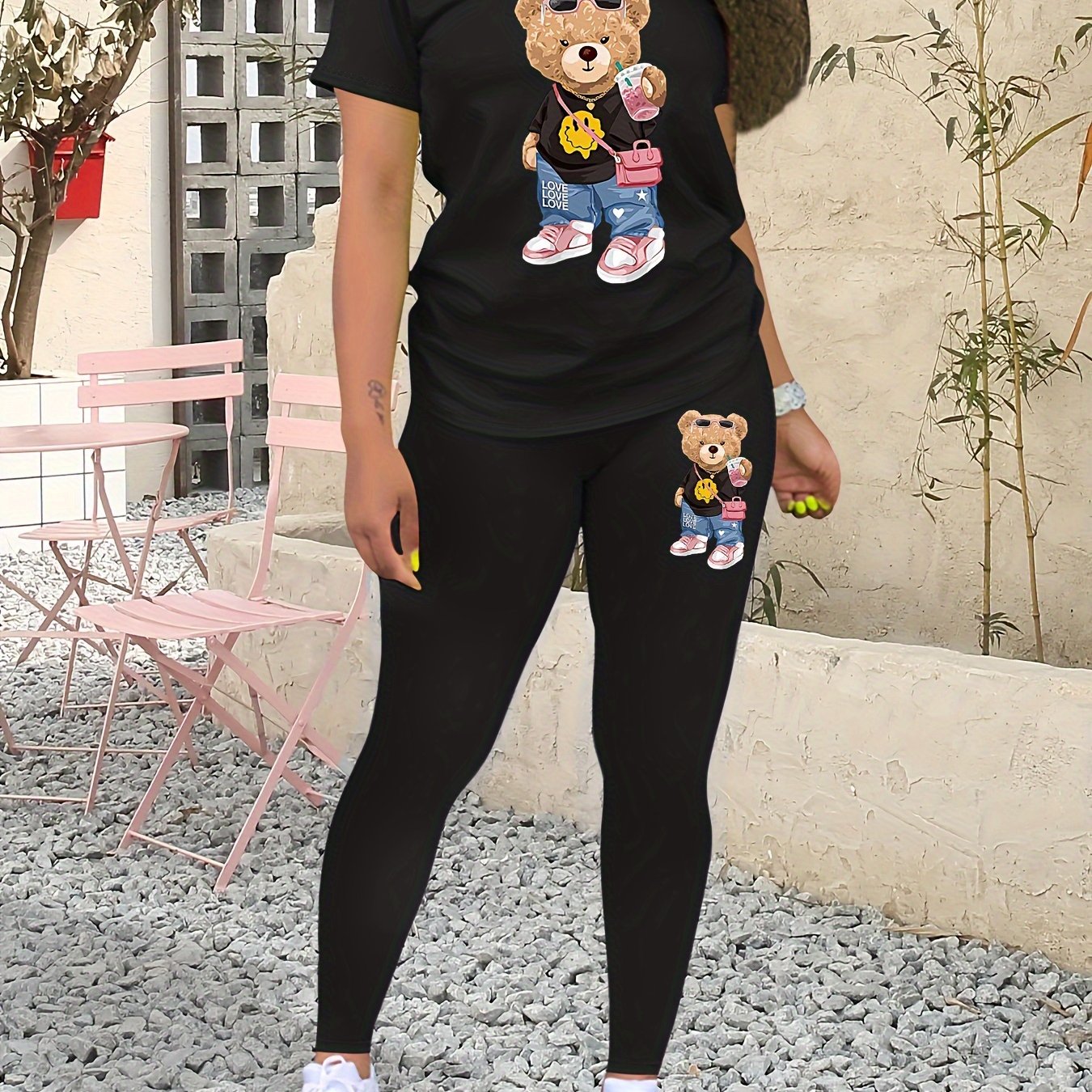 Casual Teddy Bear Print Two-piece, Crew Neck Short Sleeve T-shirt & Skinny Leggings Outfits, Women's Clothing