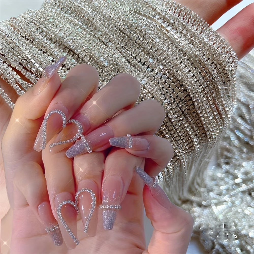 39.37inch Long Luxury Crystal Sparkling Chain Nail Charms with Rhinestones, 1.5mm Shinying Glitter Silvery Nail Art Metal Steel French Manicure Crystal DIY Nail Art Decoration, Nail Art Supplies for Women And Girls