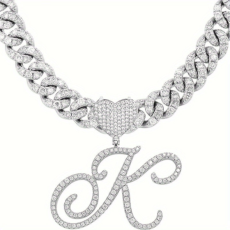 Silvery Cuban Link Necklace - Heart-shaped Alphabet Pendant on Ice Chain - Unisex Hip-hop Jewelry Gift