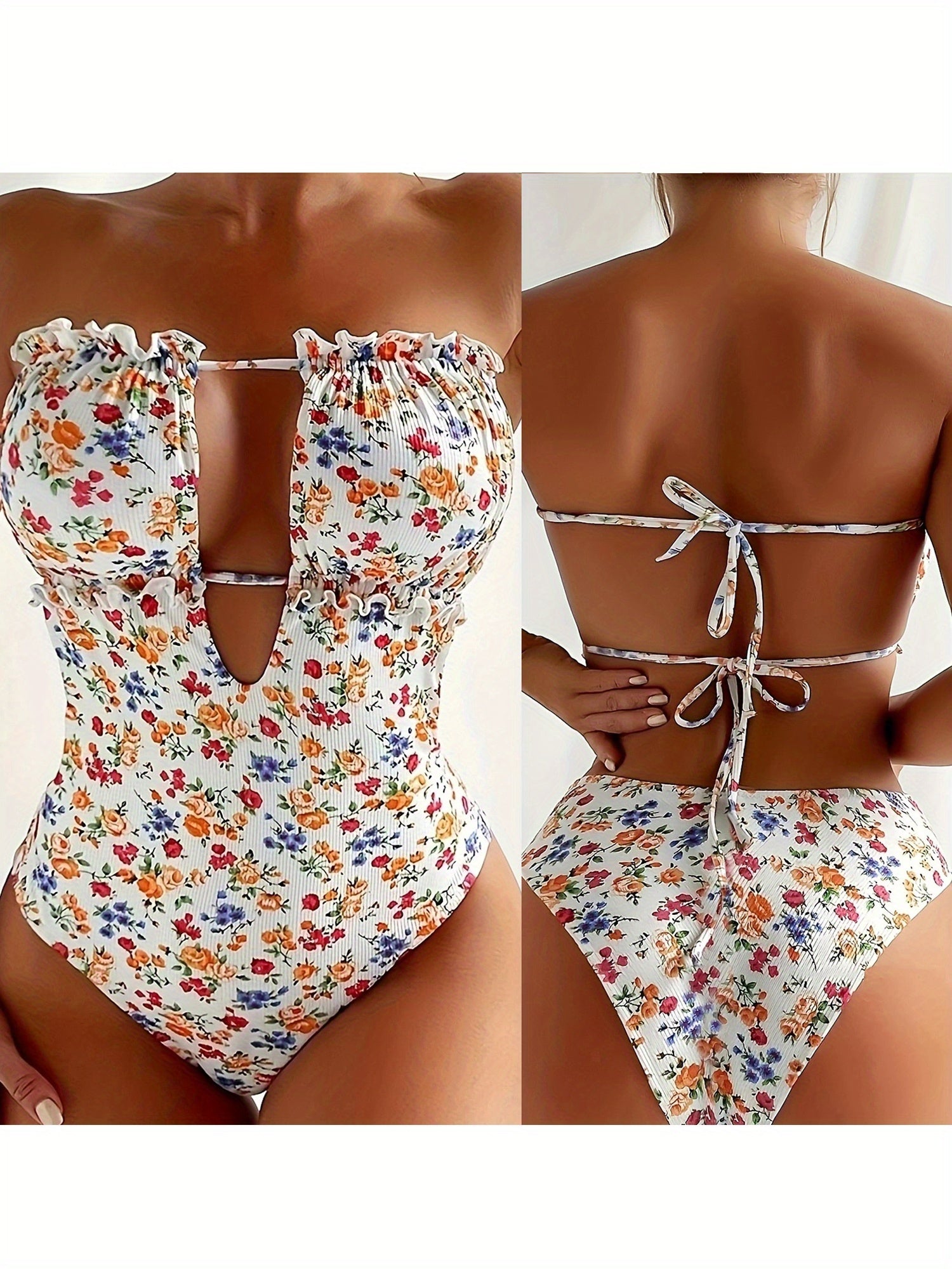 Women Bikini, Strapless Backless Floral Slim Fit Summer Swimsuit Swimming Bathing Swimwear