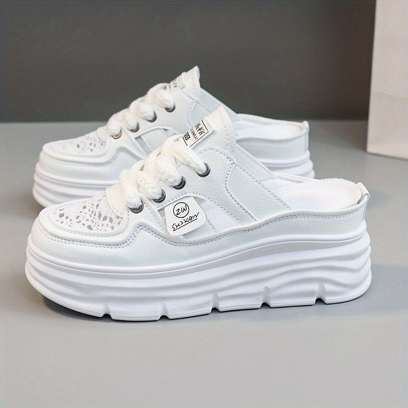 Comfortable Breathable Women's Platform Mule Sneakers, Casual Cutout Design Lace Up Summer Shoes