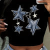 Y2K-Inspired Black Crop Top T-Shirt with Blue Denim Star Pattern & Chain Detail - Slim Fit, Short Sleeve, Round Neck - Perfect for Spring & Summer Casual Wear for Women and