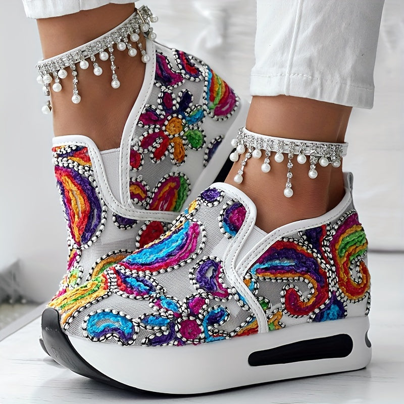 Abstract Print Side Lace-up Casual Wedge Sneakers - Without Anklet