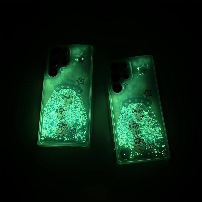 A Glow-In-The-Dark Liquid Glitter Phone Case for Samsung Galaxy S22/S23/S24/S25/Plus Ultra, Featuring a Fun Spaceship Astronaut Design, Making It a Creative Christmas And New Year Gift Phone Protector.
