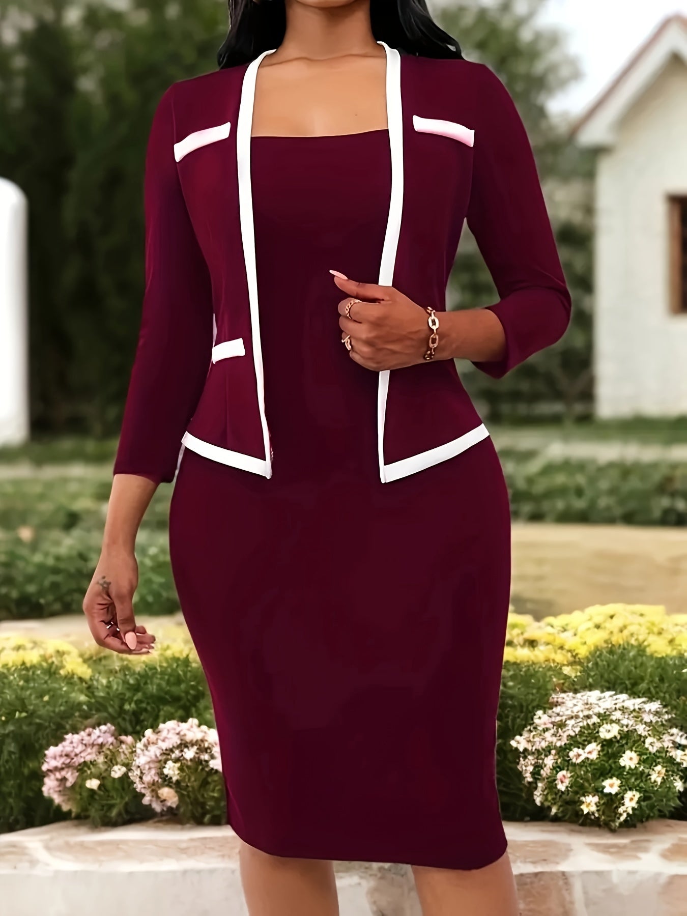 [2-in-1 Chic Bodycon Dress] 2-in-1 Contrast Trim Bodycon Dress - Long Sleeve, Figure-Hugging, Chic - Versatile for Office & Beyond, Women's Work Wear