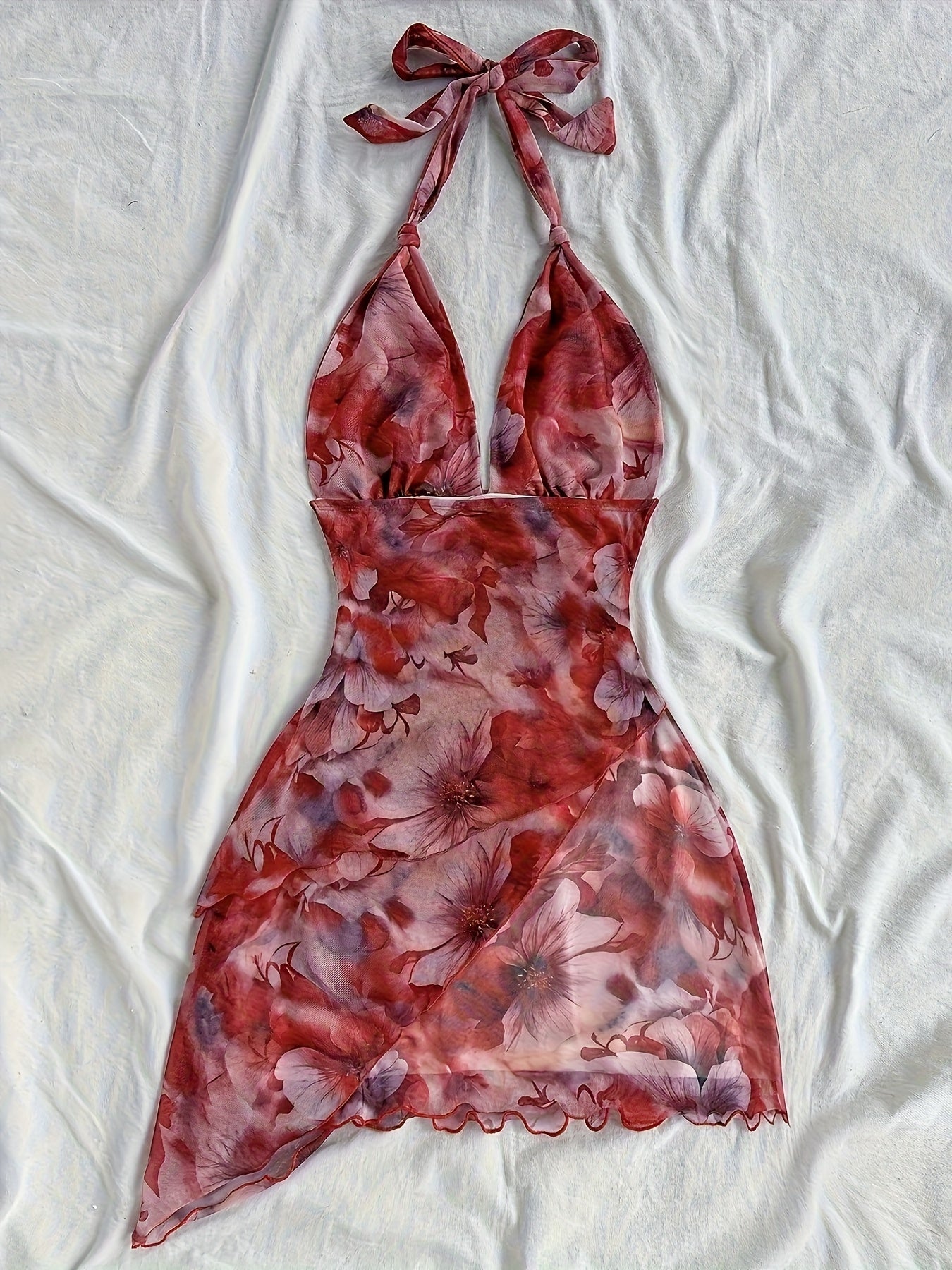 Women's Floral Print V-Neck Halter Sleeveless Dress - Lightweight Semi-Sheer Summer Dress with Ruched Waist & Ruffled Hem, Machine Washable for Beach, Casual, or Evening Outfits, Beach Wear | Flowy Fabric, Beach Dress