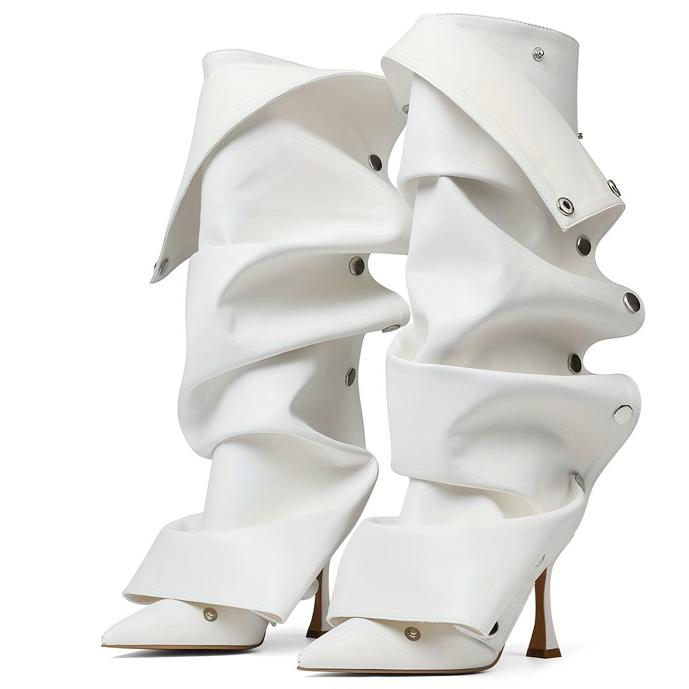Women's Sexy Metallic Ruched Slouchy Knee-High Boots with Pointed Toe & Detachable Design - Stiletto Heel, Zipper, PU Cover & Rubber Sole for Dates, Casual Outings, High Heel Boots