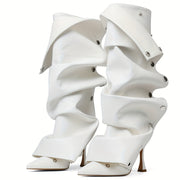Women's Sexy Metallic Ruched Slouchy Knee-High Boots with Pointed Toe & Detachable Design - Stiletto Heel, Zipper, PU Cover & Rubber Sole for Dates, Casual Outings, High Heel Boots