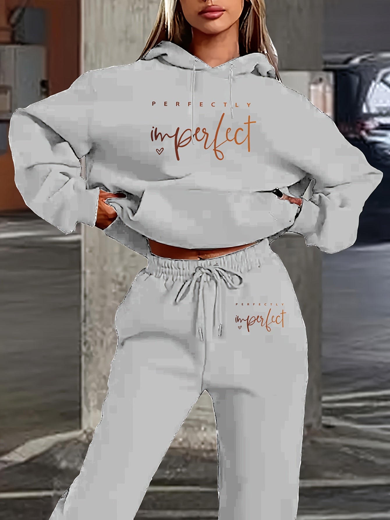1 Set Women'S Casual Polyester Two-Piece, Fall/Winter Knit Fabric Hoodie with Pocket & Drawstring Pants, Letter Print "Perfectly Imperfect" Design