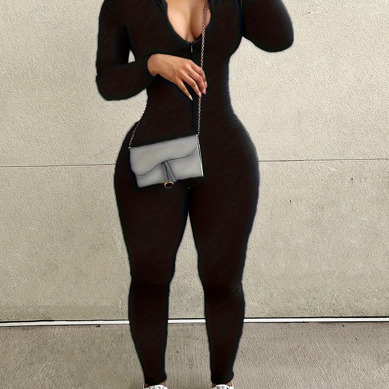 Women's High-Stretch Solid Black Zip-Up Jumpsuit - Long Sleeve, Form-Fitting, Machine Washable, Polyester & Spandex Blend for Spring/Summer Fashion, Casual Wear Jumpsuit | Trendy Jumpsuit | Stretchy Fabric, Romper Jumpsuit