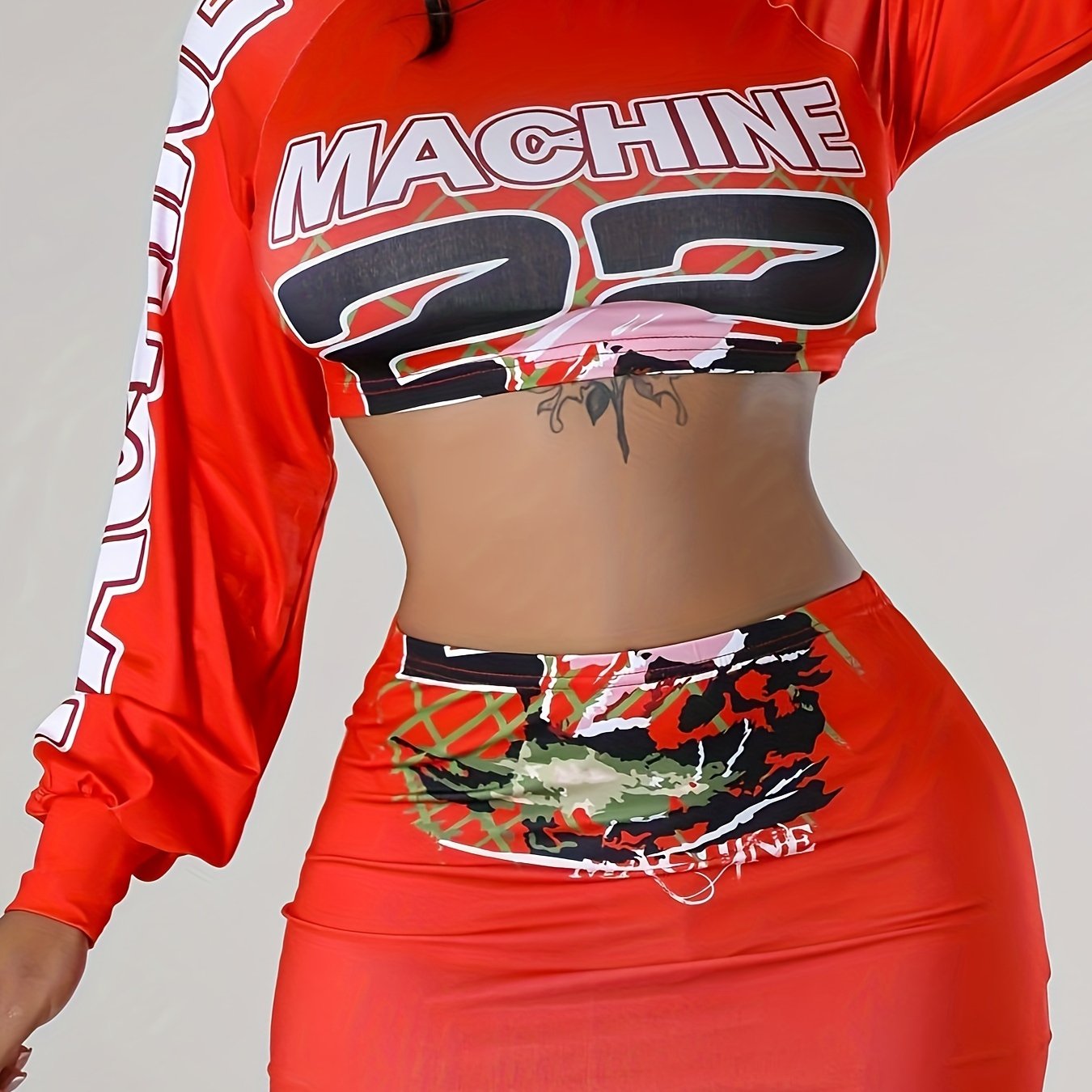 Modern Casualwear] Stylish Red Two-Piece Skirt Set with "MACHINE" Print & Lantern Sleeves - Casual Polyester Blend Crop Top & Mini Skirt, Machine Washable - Perfect for Spring/Fall, Casual Wear Set|Trendy Crop Top|Knit Constr