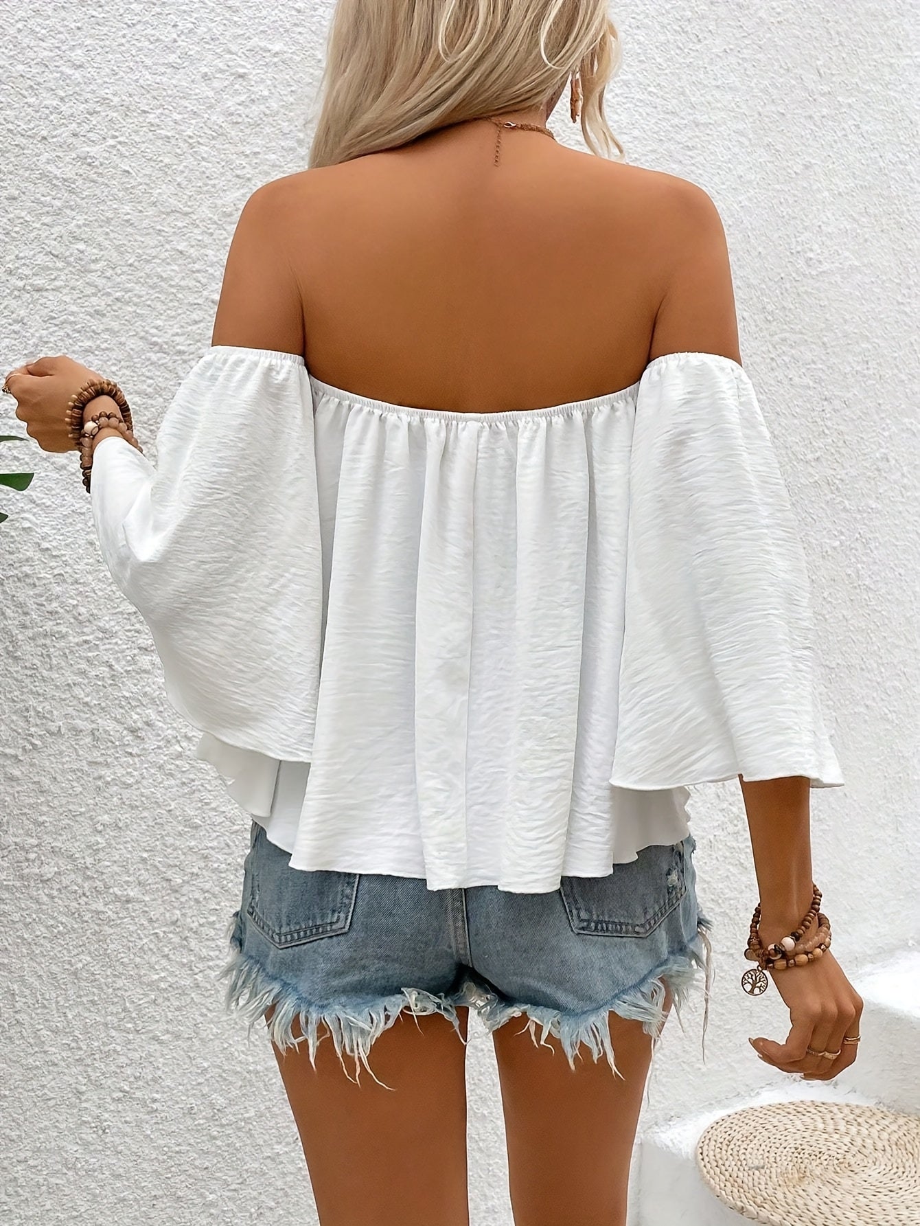 Elegant Off-Shoulder Women’s Blouse - White, Ruffled Bell Sleeves, Cinched Waist, Non-Sheer Polyester, Summer Chic Top for Adults, Ladies Blouses
