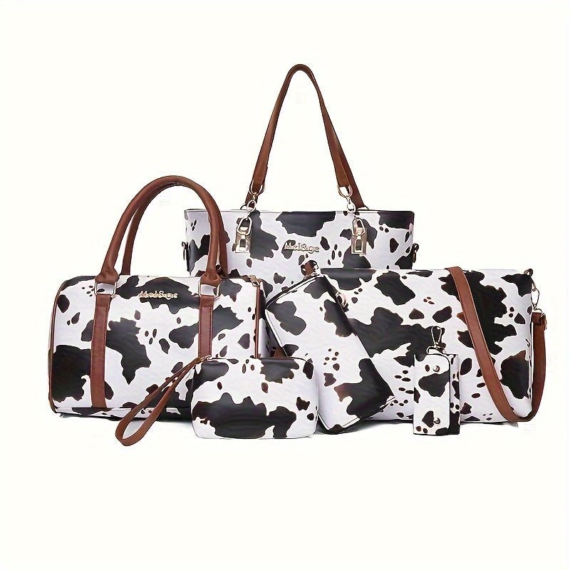 6pcs Retro Letter Print Womens Bag Set - Stylish & Versatile Tote, Boston Bag, Crossbody, Clutch, Wallet, Wristlet & Key Holder