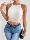 Spring/Summer/Autumn Cropped Halter Neck Tank Top - Elegant French Style White Lace and Textured Fabric, Short Length, Geometric Pattern, Polyester Blend, Knit Fabric