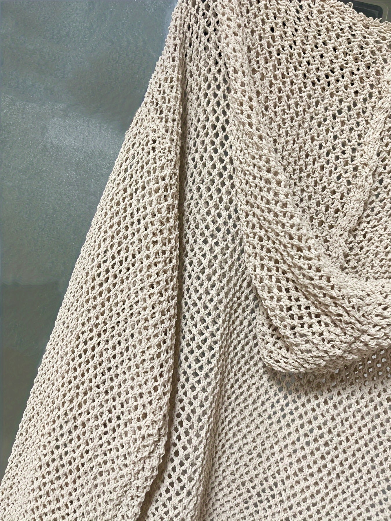 8623# Casual Loose-Fit Openwork Hooded Cardigan - Semi-Sheer Light Grey with Breathable Cut-Out Details, Medium Stretch for Spring Summer Fall Layering, Cardigan, Layering Piece, Hooded Neckline, Mediumstretch Fabric