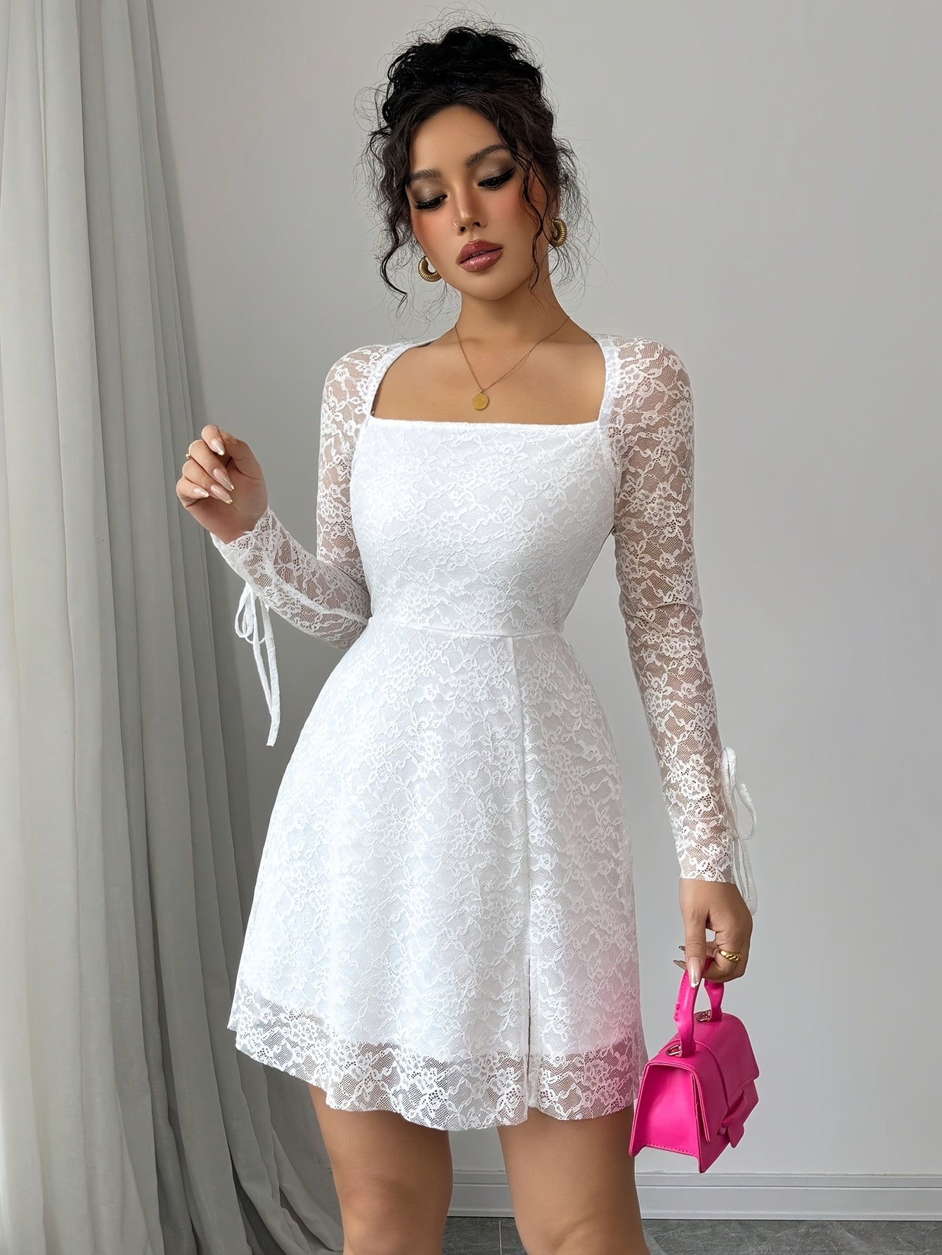 Elegant White Lace A-Line Dress with Long Sleeves - Perfect for Weddings, Parties, and Formal Events, Formal Attire|Elegant Aline Dress|Lace Fabric