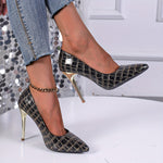 Elegant Golden & Black Crocodile Pattern Stiletto Heels - Glossy Pointed Toe Dress Pumps with High-Quality PU Cover, Perfect for All Seasons