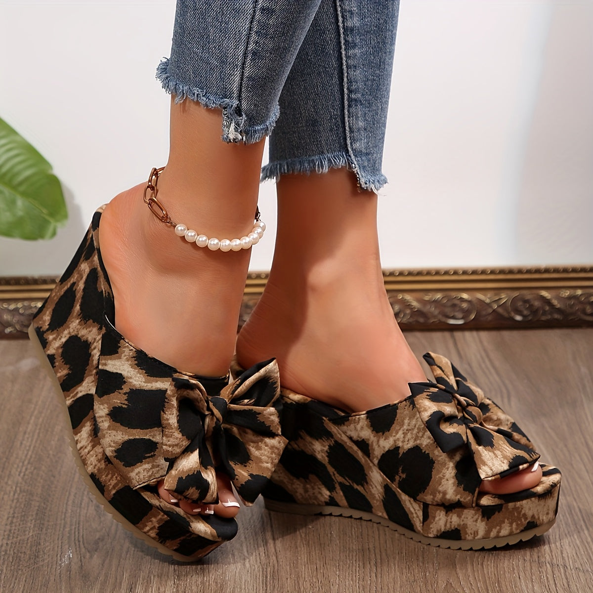 Women's Leopard Print Bow Slip-On High Heel Sandals - Stylish Summer Open-Toe Fabric Shoes with PU Sole for Casual or Formal Occasions, Casual Sandals | Opentoe Sandals | Fabric Upper Sandals